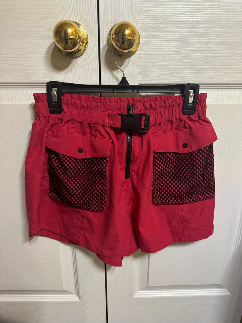 Free People Red Athletic Shorts with Mesh Patch Pockets and Buckle Waist
